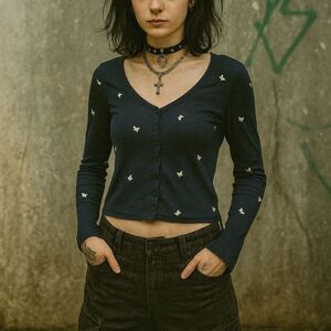 Navy Butterflies M Cyber Grunge L/S Scoop Neck Thin Knit Front Button Crop Sweat
